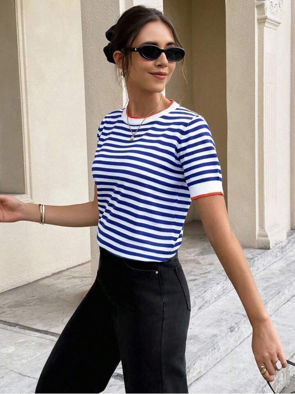 SHEIN Blue & White Striped Short Sleeve Sweater Top with Orange Trim L Large